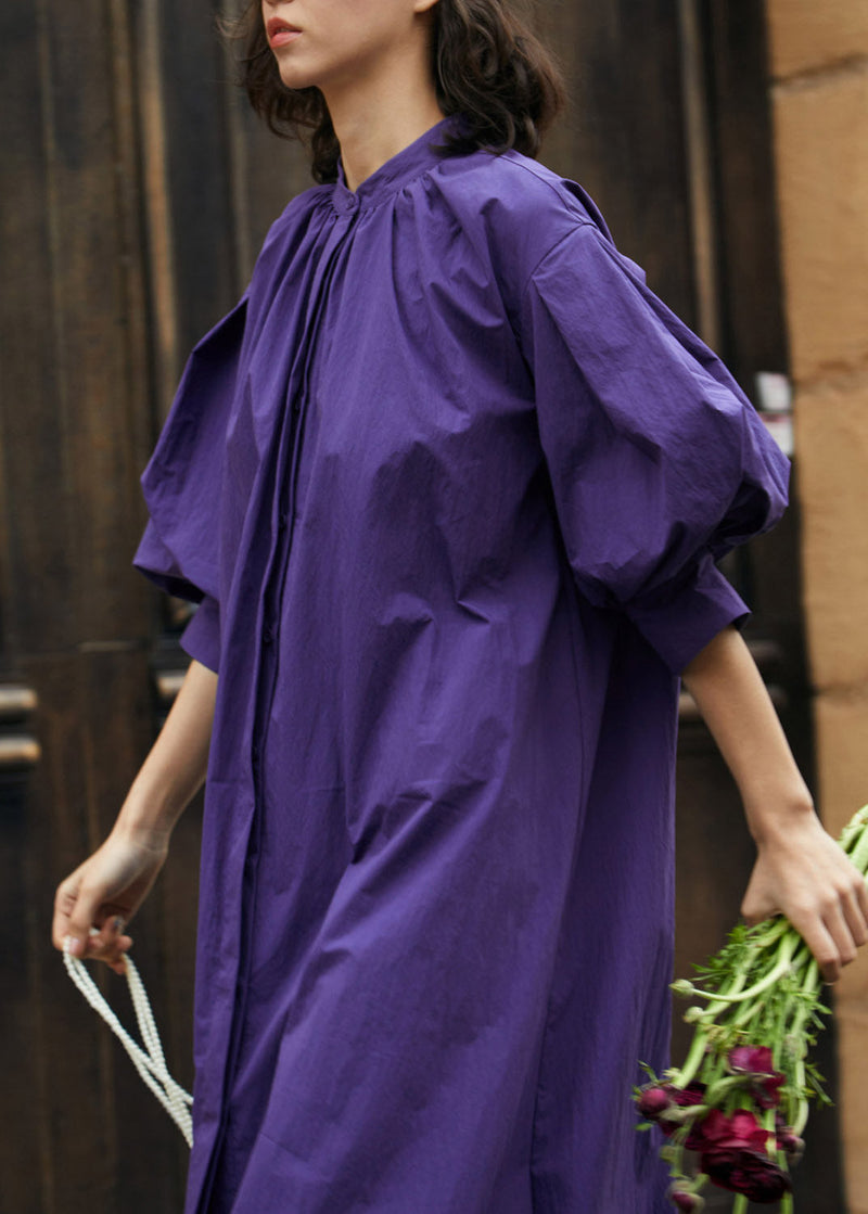 Loose Purple Stand Collar Wrinkled Maxi Dress Lantern Sleeve