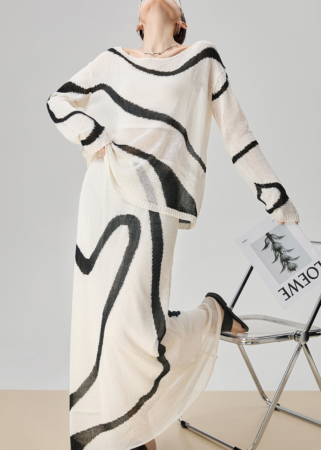 Boutique White Striped Tops and Skirts Knit Two Pieces Set Fall