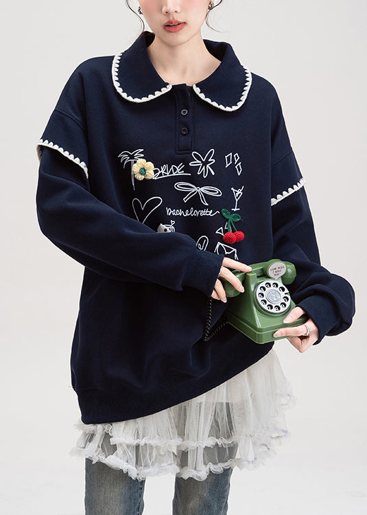 Loose Navy Button Print Cotton Pullover Fall