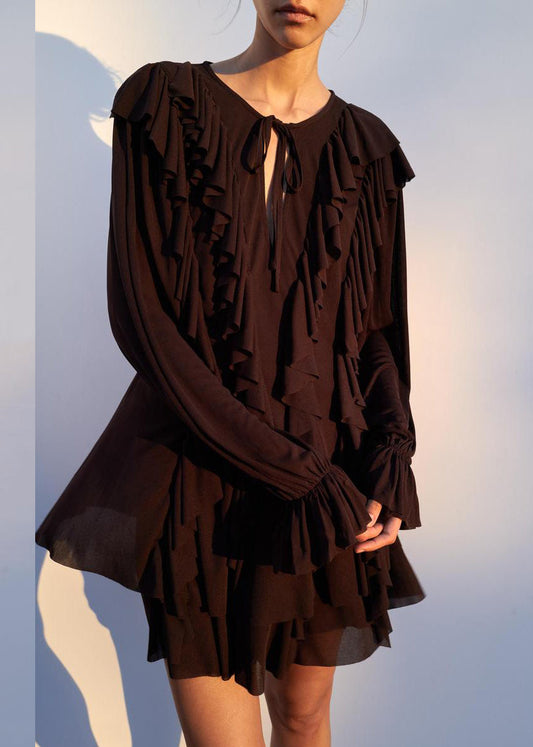 Chocolate Ruffled Lace Up Cotton Mini Dress Butterfly Sleeve
