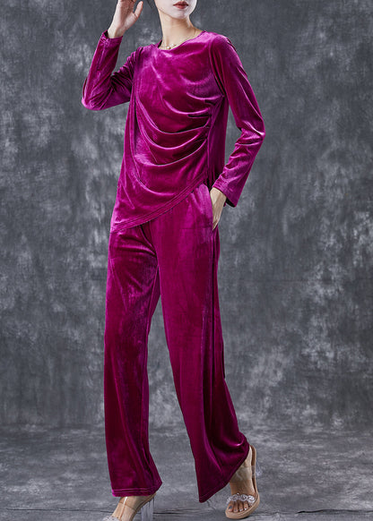 French Purple Asymmetrical Wrinkled Silk Velour Sets 2 Pieces Fall