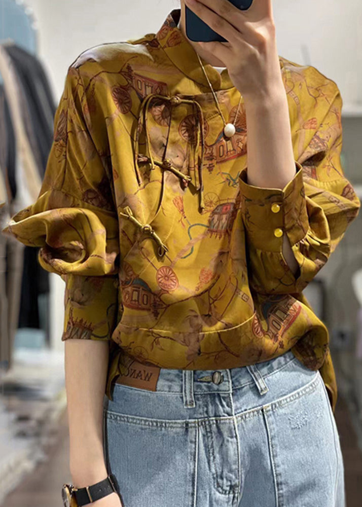 Yellow Button Print Patchwork Silk Shirt Fall