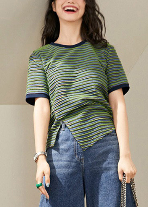 Green Striped Side Open Knitting Cotton T Shirt Summer