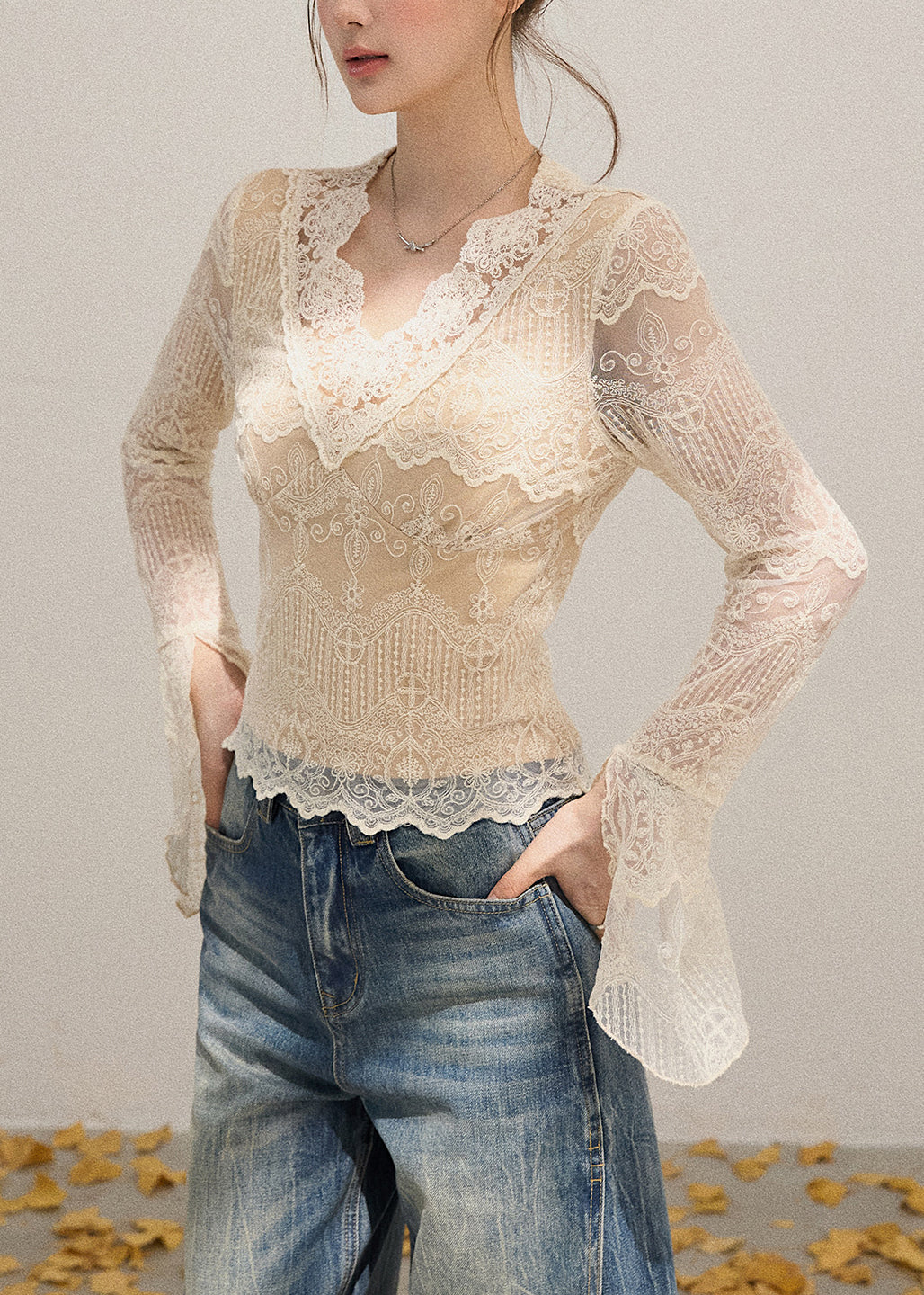 Beige V Neck Patchwork Lace Shirt Flare Sleeve