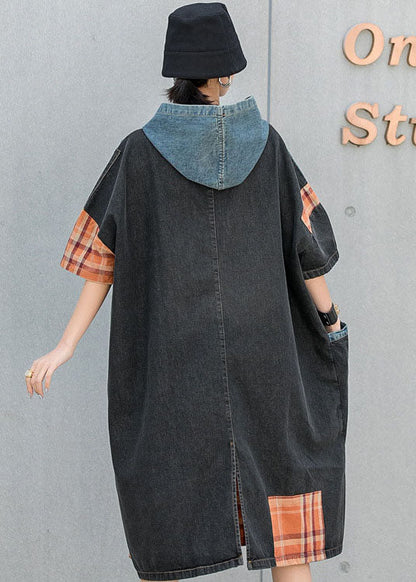 Blue Hooded Patchwork Plaid Pockets Fall Denim Dresses Half Sleeve