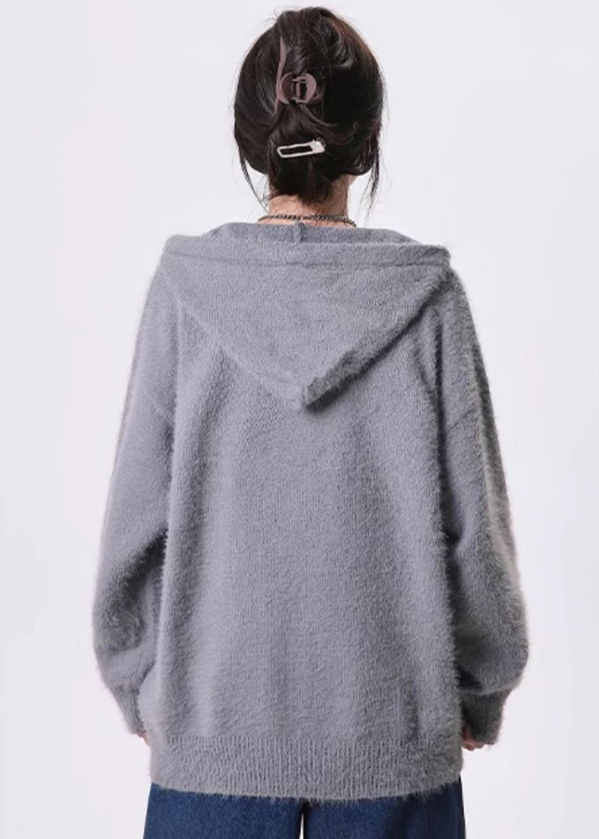 Diy Grey Oversized Letter Print Knit Hoodie Coat Spring