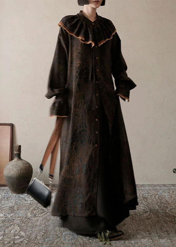 Loose Brown Sailor Collar Print Wear on Both Sides Long Trench Coats Lantern Sleeve