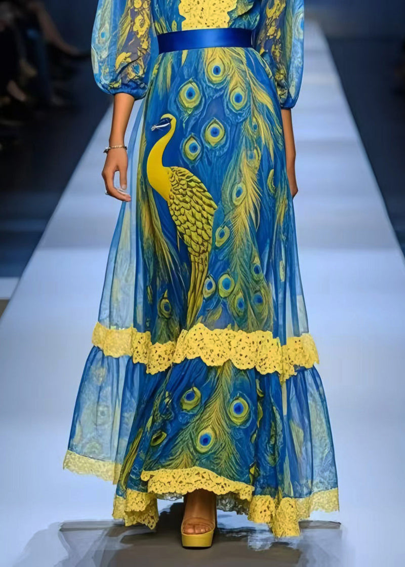 Peacock Blue Print Patchwork Lace Chiffon Dress Summer