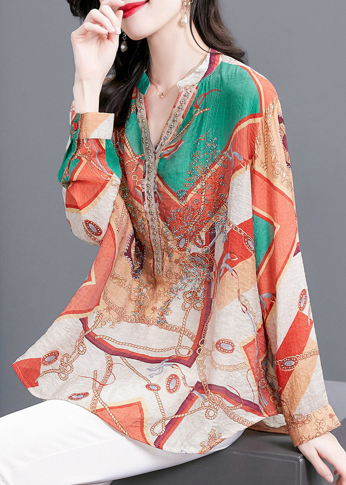 Multi Print V Neck Button Chiffon Blouse Tops Long Sleeve