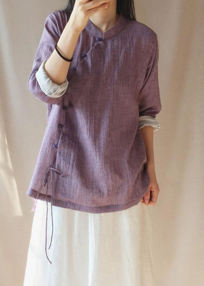 French Purple Tops Blouses Stand Collar Button Down Clothing Blouse