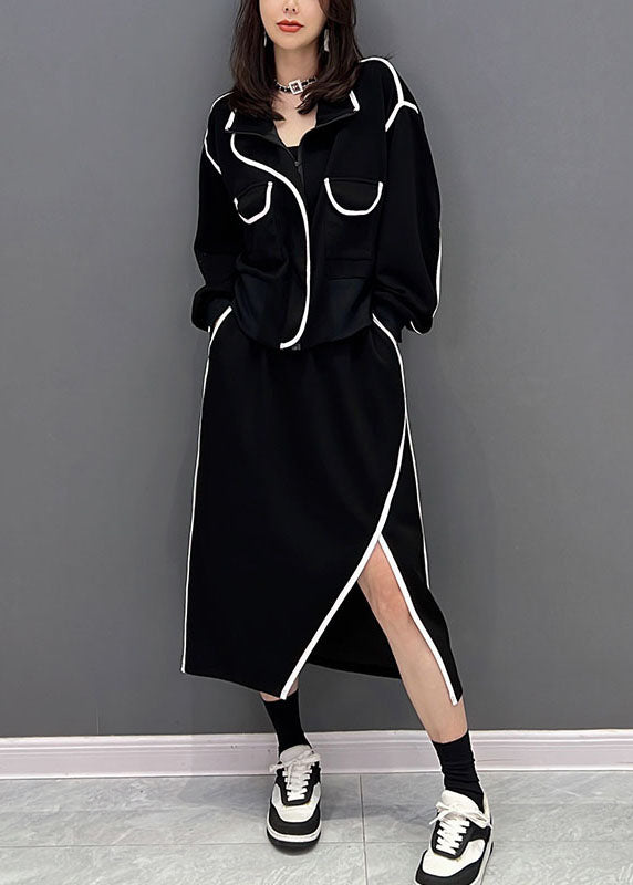 Classy Black Zip Up Side Open Cotton Two-piece Set Fall