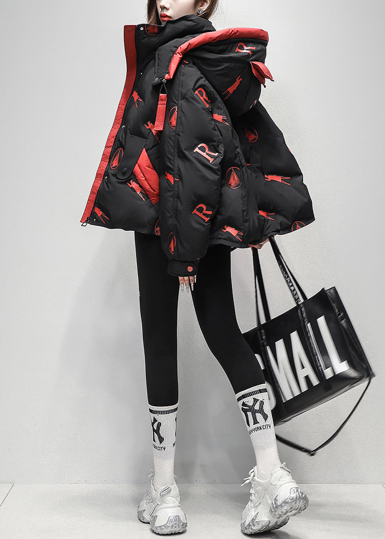 Black Zippered Letter Print Duck Down Puffer Coat