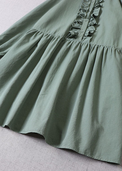 Tea Green Ruffled Button Cotton Dress Long Sleeve