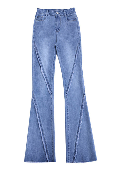 Navy Tassel Pockets Patchwork Denim Flared Trousers Fall
