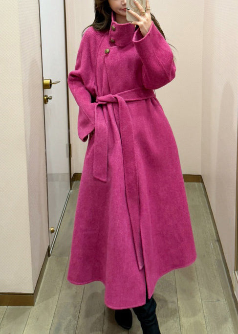 Rose Stand Collar Tie Waist Woolen Trench Coats Winter