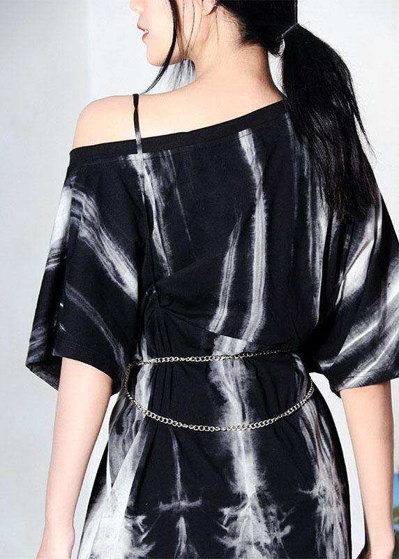 Black Tie Dye One Shoulder Tie Waist Shirt Tops Summer