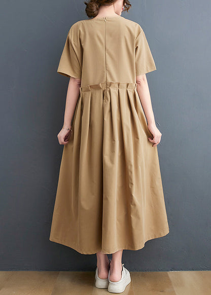 Khaki O-neck Wrinkled Drawstring Maxi Dresses Short Sleeve