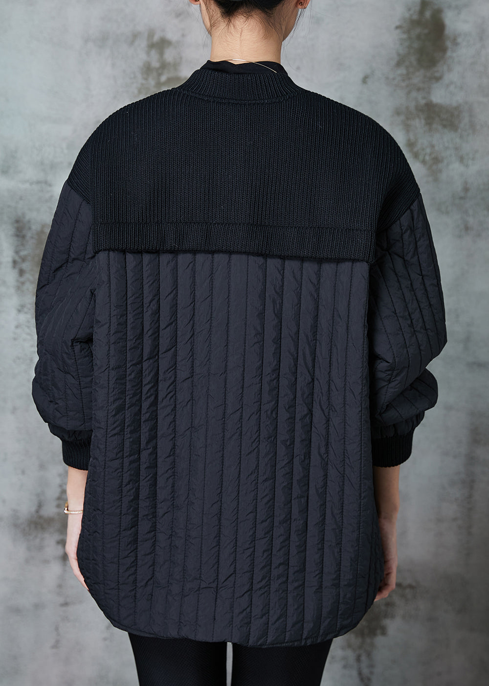 Black Stand Collar Patchwork Fine Cotton Filled Jackets Spring