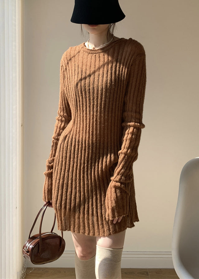 Coffee Loose Knit Sweater Mid Dress O-neck Fall