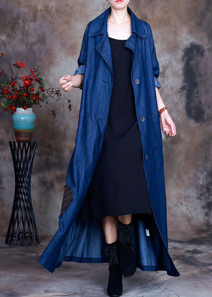 Blue Button Tie Waist Peter Pan Collar Cotton Denim Trench Coats Spring