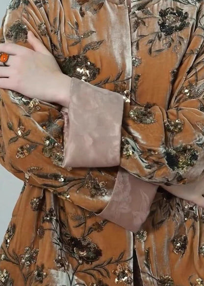 Chinese Style Brown Print Sequins Silk Velour Coat Spring