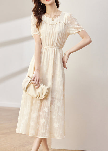 Apricot O-neck Wrinkled Patchwork Chiffon Dress Summer