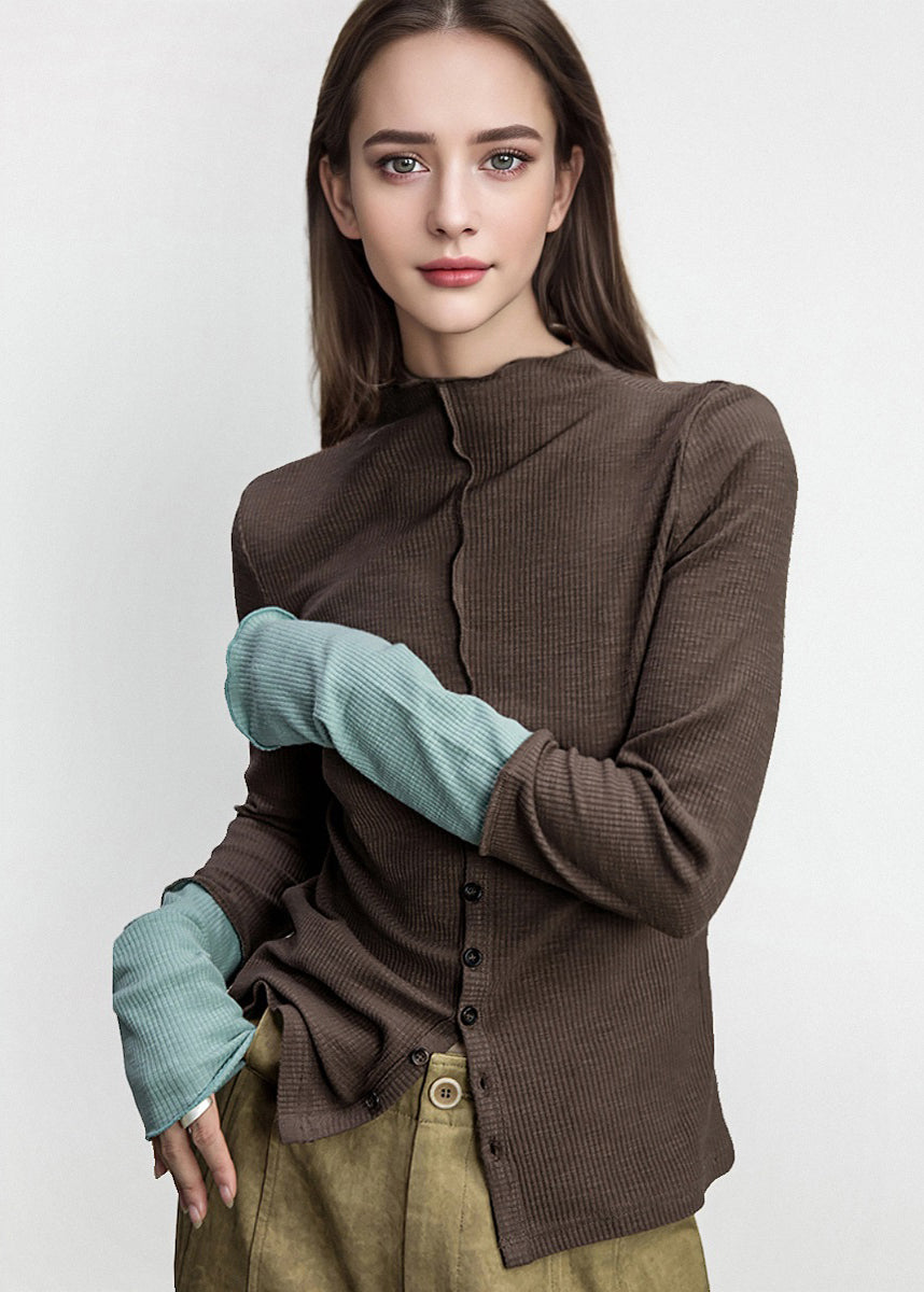 Brown Button Patchwork Cotton T Shirts Fall