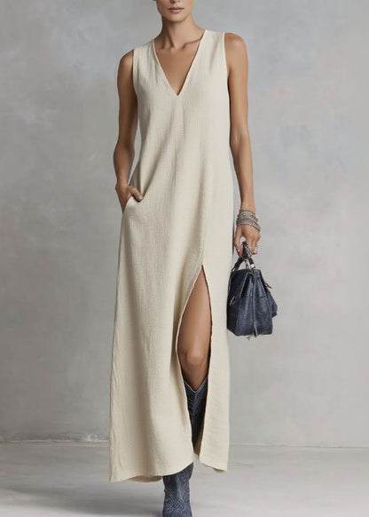 Brief Ramie V Neck Pockets Patchwork Maxi Dresses Summer
