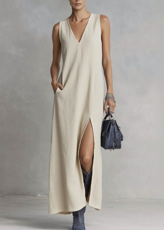 Brief Ramie V Neck Pockets Patchwork Maxi Dresses Summer