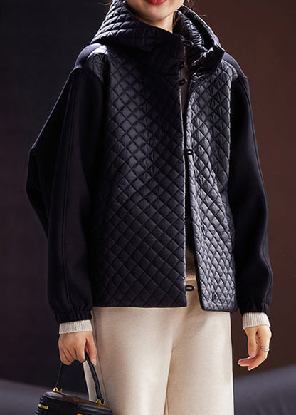 Black Hooded Button Cotton Filled Coats Long Sleeve
