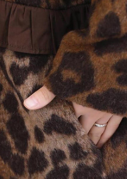 Leopard Ruffled Pockets Thick Woolen Coats Long Sleeve