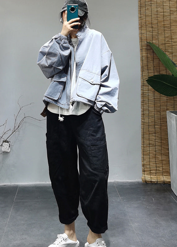 Loose Light Blue Stand Collar Zippered Drawstring Pockets Cotton Coats Long Sleeve