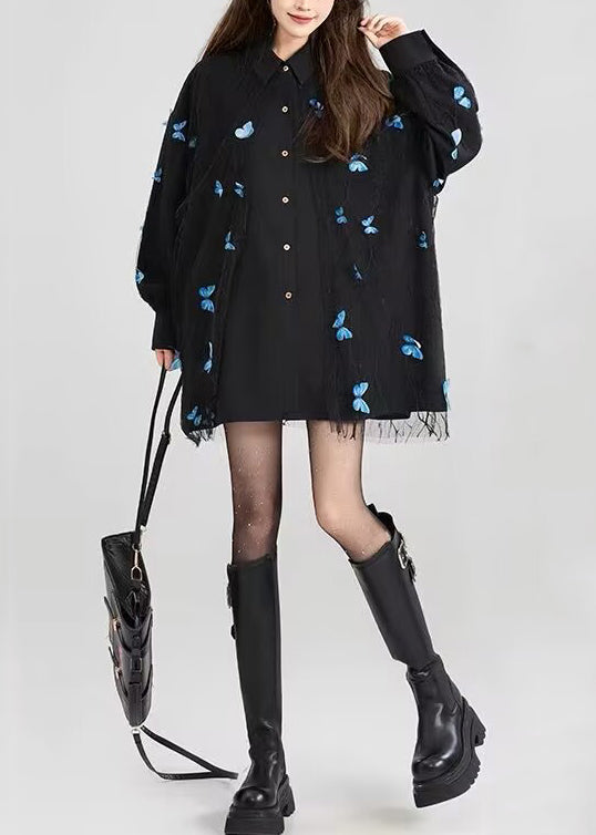 Black Peter Pan Collar Butterfly Lace Patchwork Cotton Shirt Fall