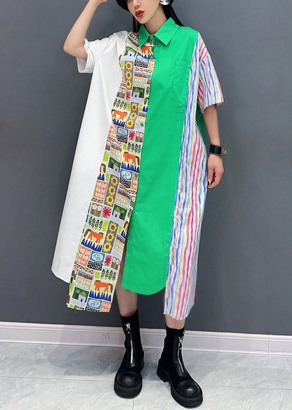 Green Print Pockets Patchwork Cotton Shirt Dress Half Sleeve
