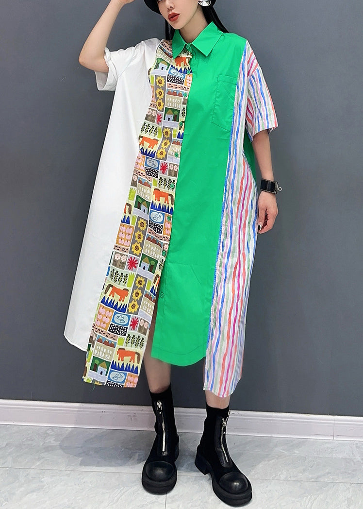 Green Print Pockets Patchwork Cotton Shirt Dress Half Sleeve
