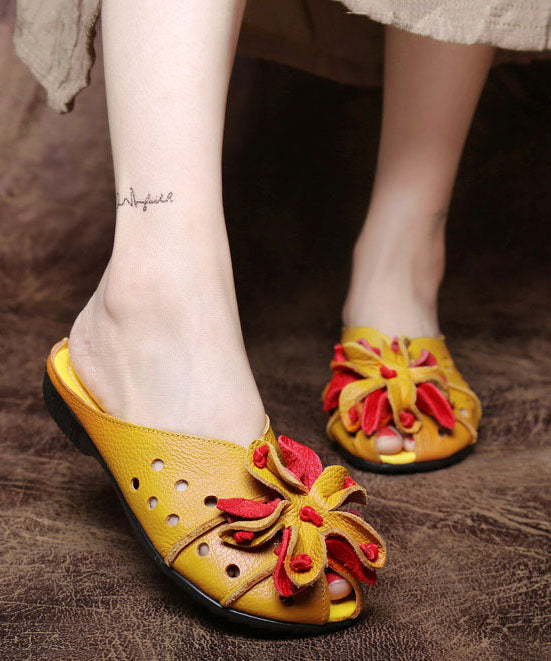Cowhide Leather Yellow Flat Slide Sandals Splicing Hollow Out