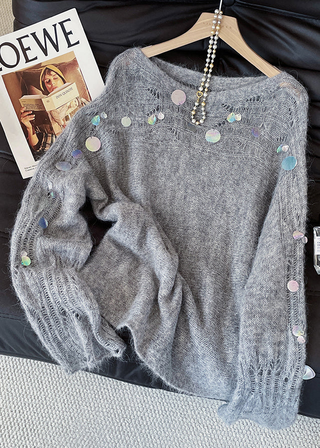Grey Sequins Hollow Out Knitted Tops Fall