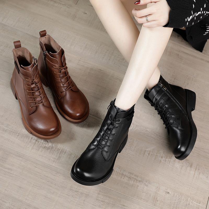 Brown Cowhide Leather Boots Cross Strap Ankle Boots