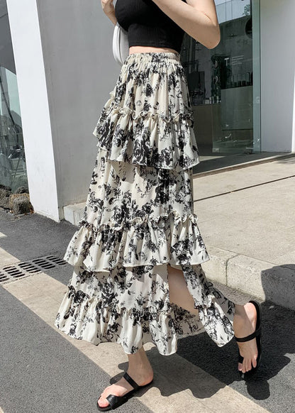 Black Ruffled Print Side Open Chiffon Skirts Spring