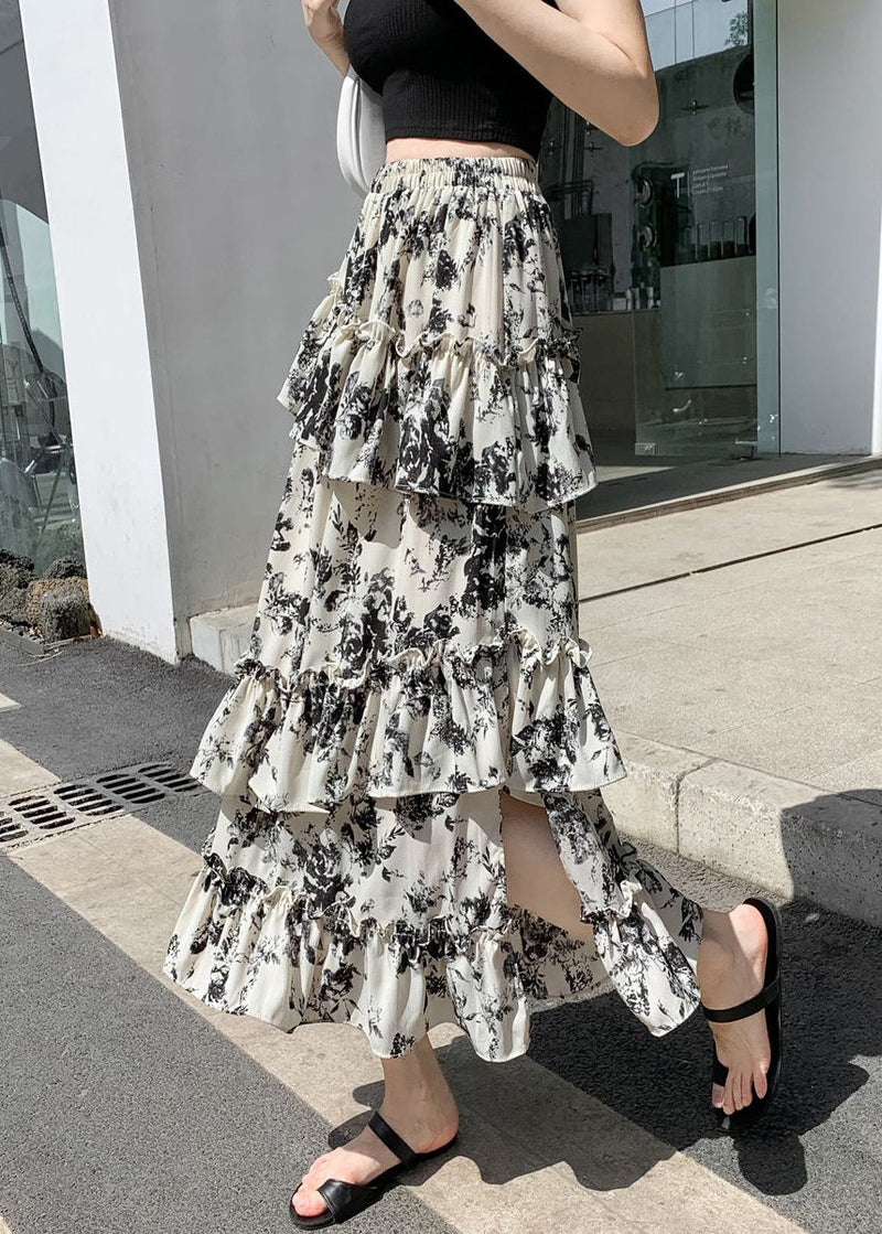 Black Ruffled Print Side Open Chiffon Skirts Spring
