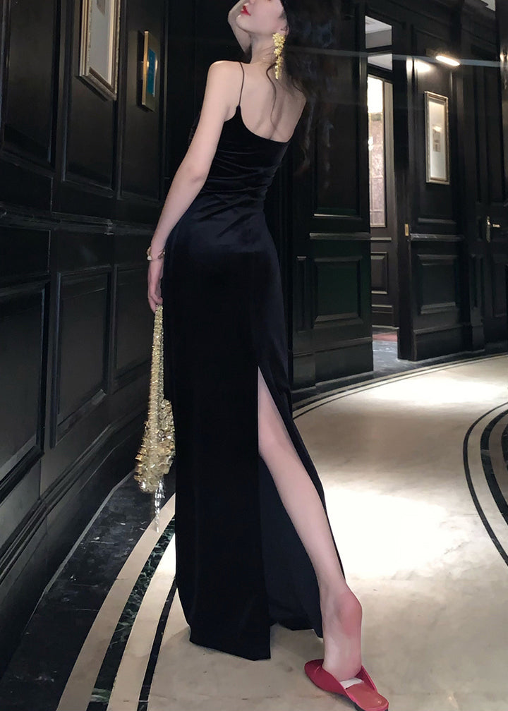 Slim Fit Black Side Open Silk Velour Spaghetti Strap Dress Sleeveless