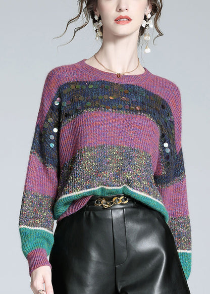 Purple Striped Sequins Cashmere Knit Sweater Winter