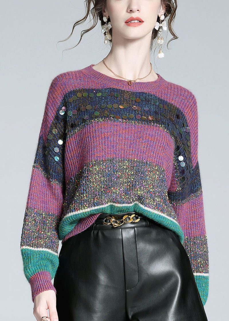 Purple Striped Sequins Cashmere Knit Sweater Winter