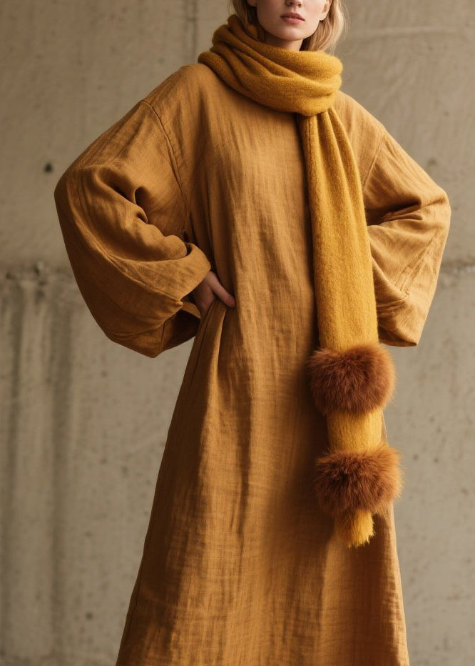 Simple Yellow O Neck Cotton Long Dress Lantern Sleeve Spring