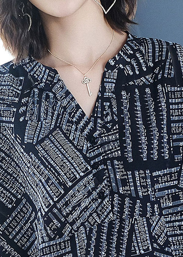 Black V Neck Print Chiffon Shirt Top Bracelet Sleeve