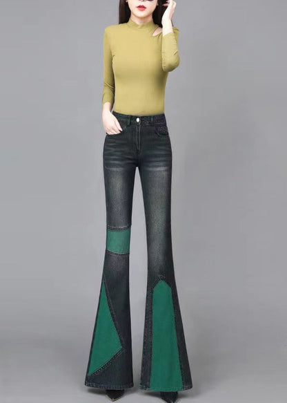Green Asymmetrical Patchwork Denim Flare Bottoms Spring