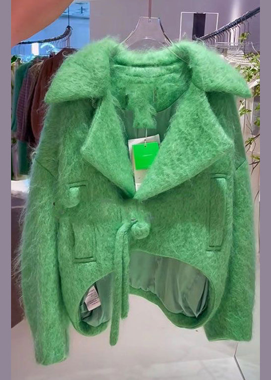 New Green Button Low High Design Woolen Coats Long Sleeve Fall