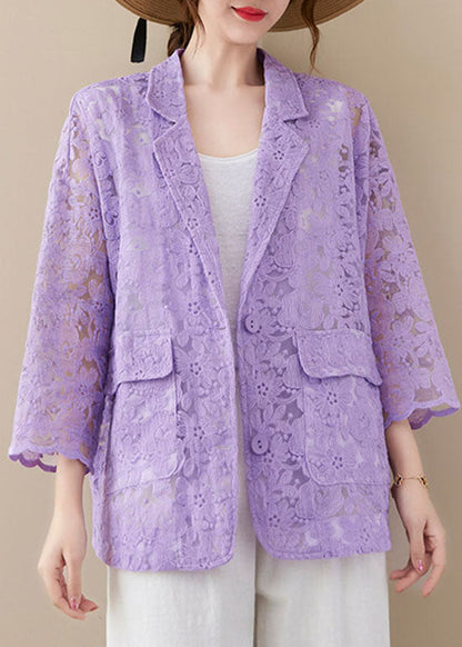 Purple Loose Lace Coats Pocket Hollow Out Long Sleeve