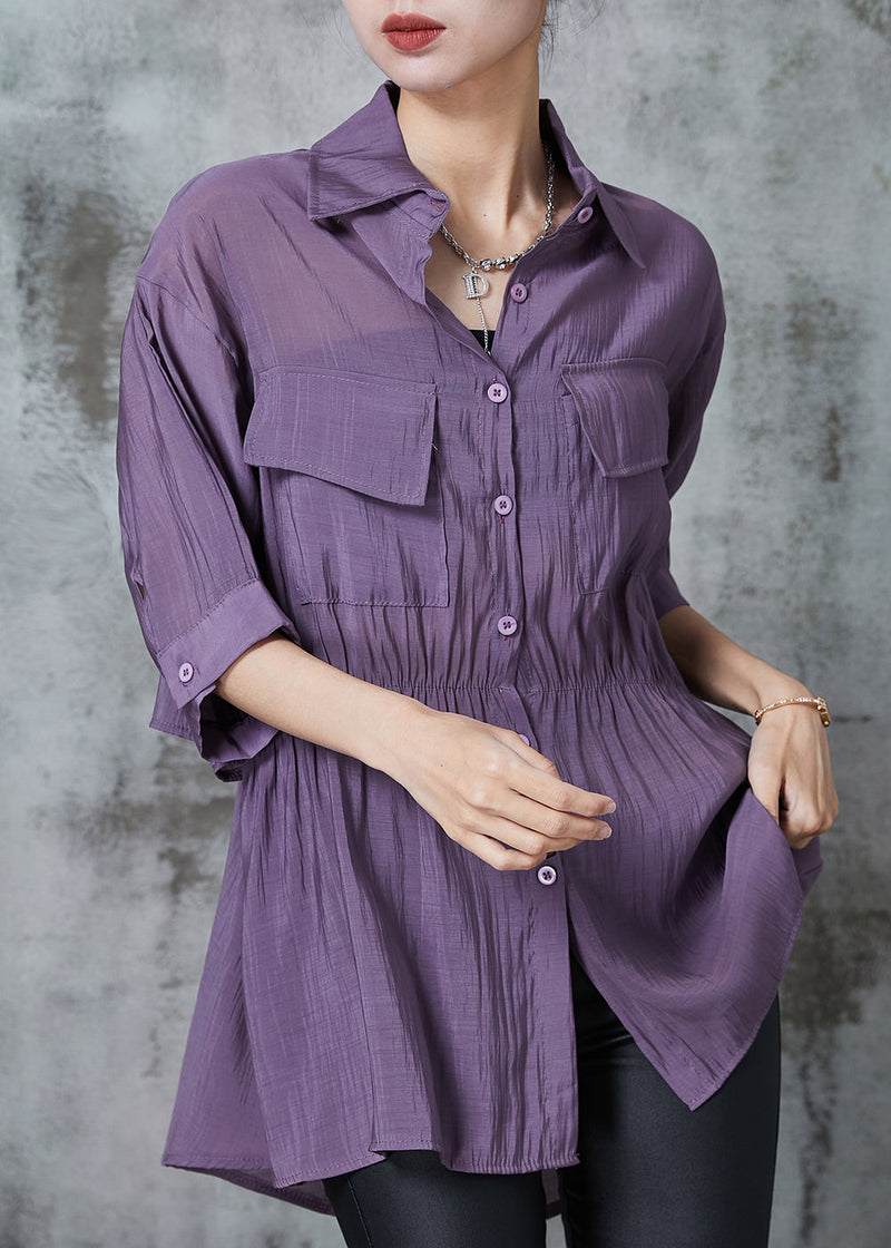 Purple Cinched Pockets Cotton Blouse Tops Summer
