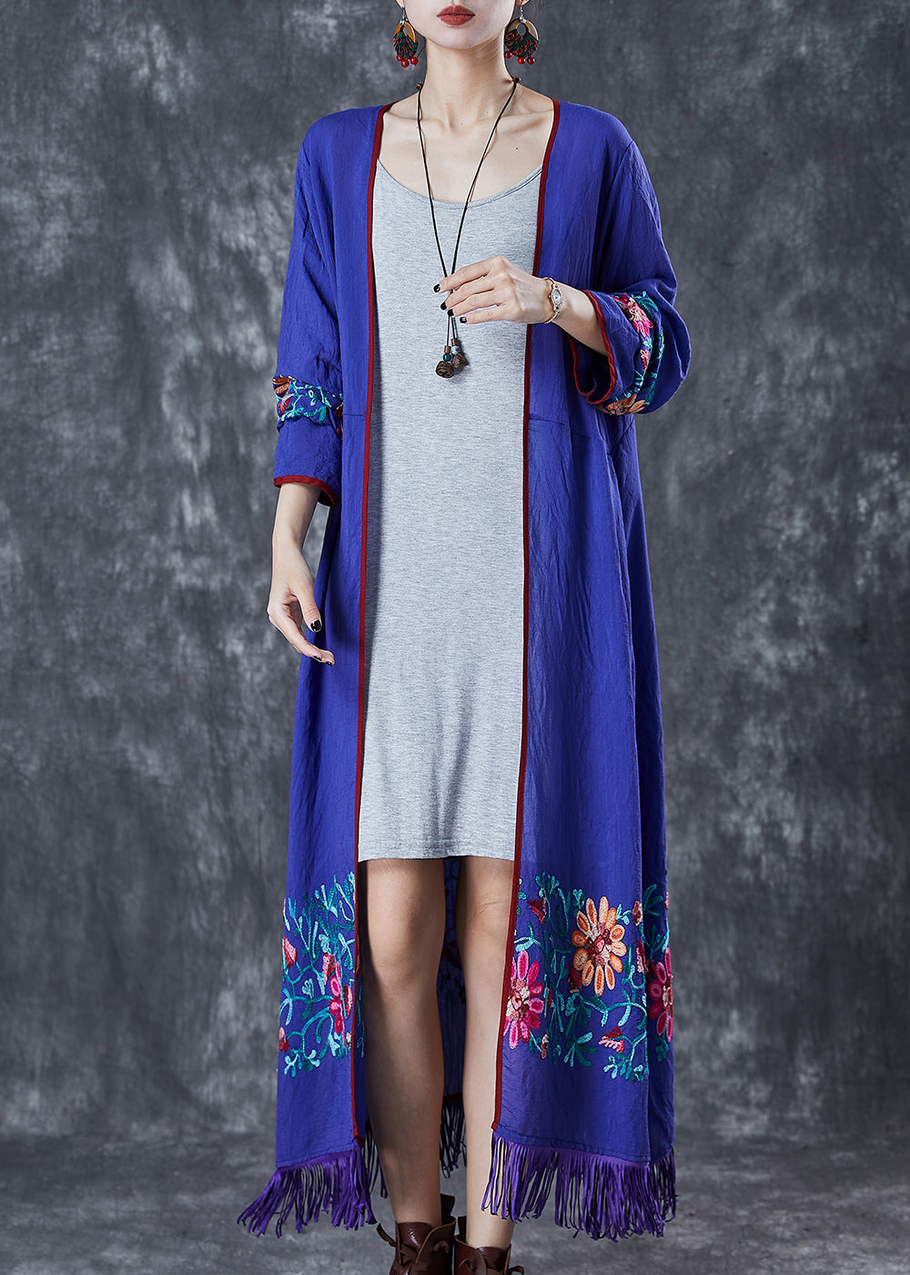 Blue Tasseled Embroidered Cotton Cardigan Fall